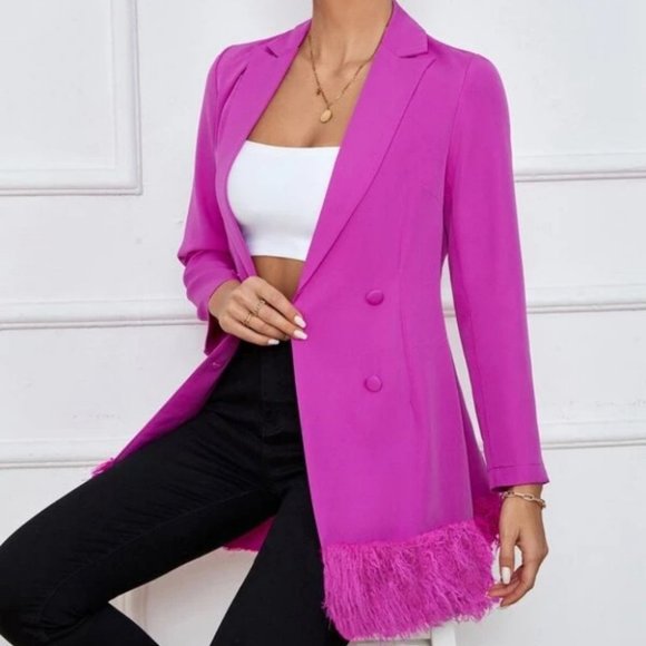 violet Lapel Neck Fuzzy detailed hem Double Breasted Blazer - Picture 2 of 6